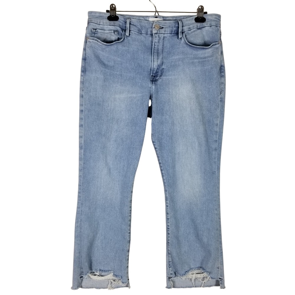 FRAME Le Crop Mini Boot Jeans Women 34 Yorba Chew Light Blue Distressed Raw Hem